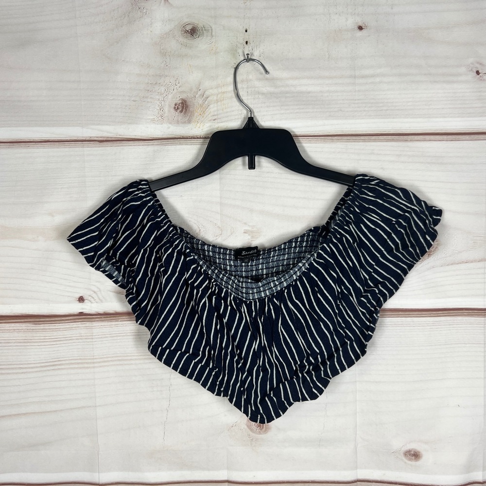 Bardot Striped‎ Crop Top Womens XS Navy White Stripe Off Shoulder Ruffle Smocked